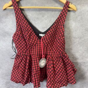 A. Peach Black and Red Check Peplum Top Size Small NWT
